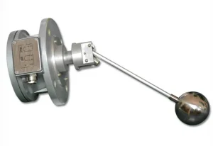 A side view of the oil level indicator showing the transparent sight glass, protective metal housing, and clear measurement graduations mounted on a flange.